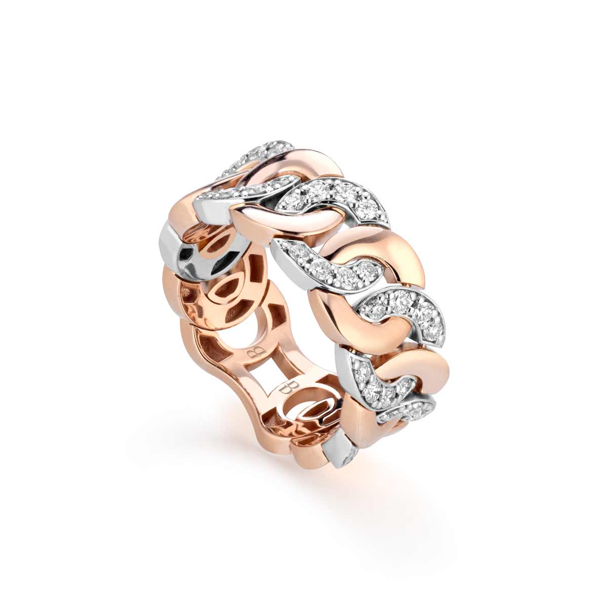 Anello Noon regular a maglia alternata in oro bianco e rosa con diamanti bianchi realizzato da Buonocore Gioielli