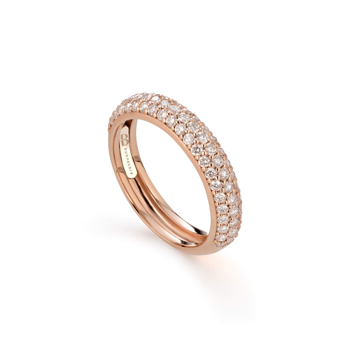 Anello fascia bombata in oro rosa a mezzo giro di pavé di diamanti bianchi realizzato da Buonocore Gioielli