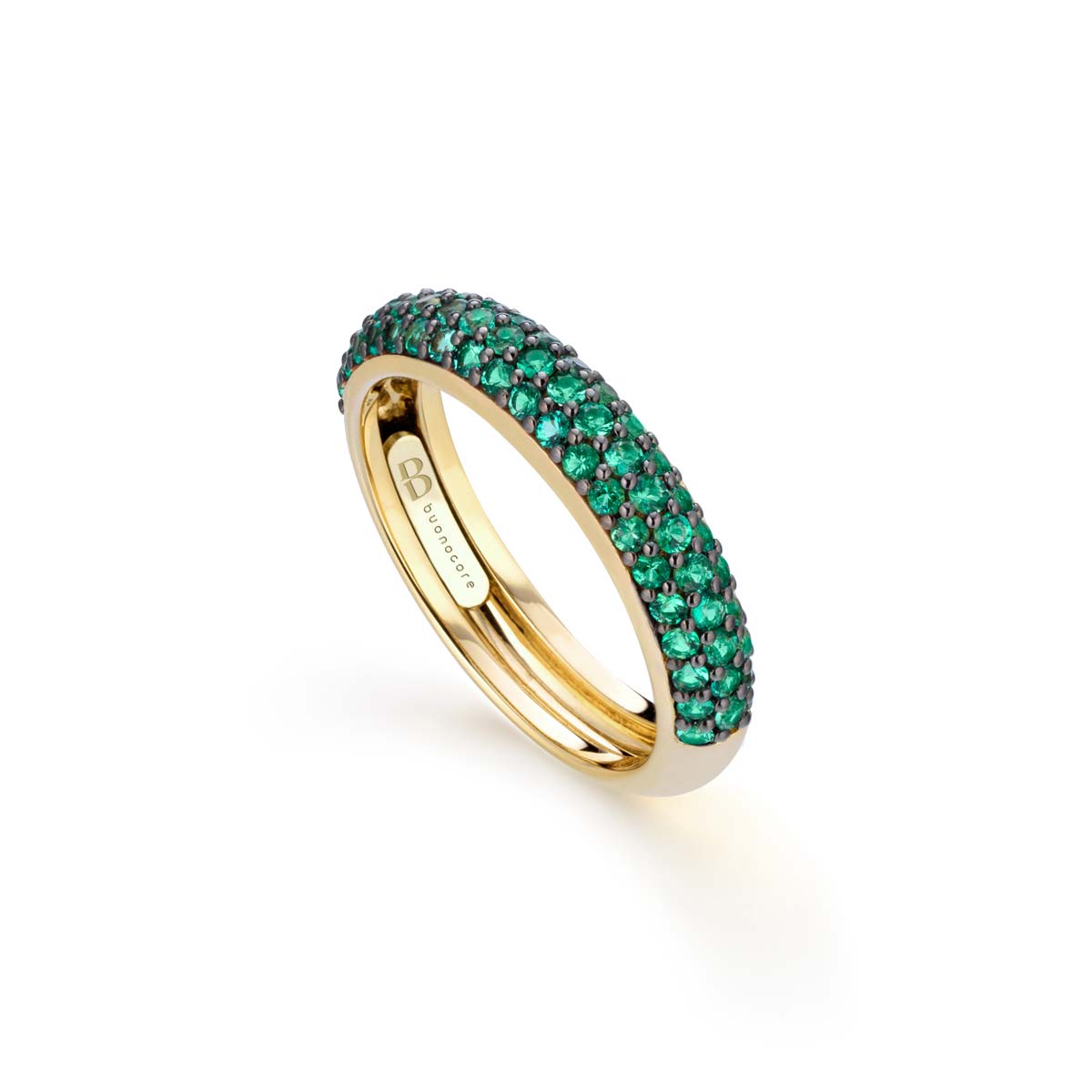 Domed band ring in yellow gold with half pave of emeralds made by Buonocore Gioielli