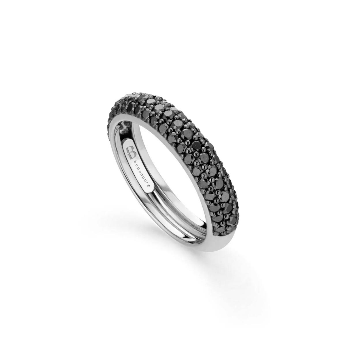 Domed band ring in white gold with half pave of black diamonds made by Buonocore Gioielli