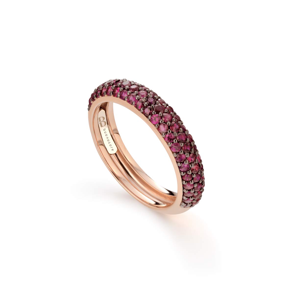 Domed band ring in rose gold with half pave of rubies made by Buonocore Gioielli
