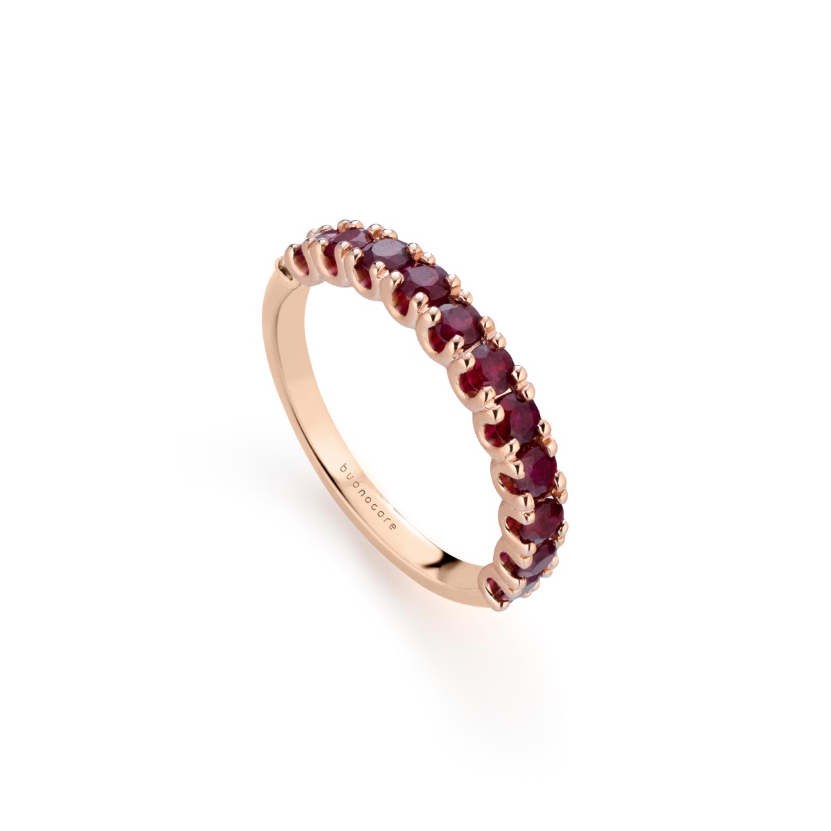 Veretta ring in rose gold with a half row of rubies made by Buonocore Gioielli