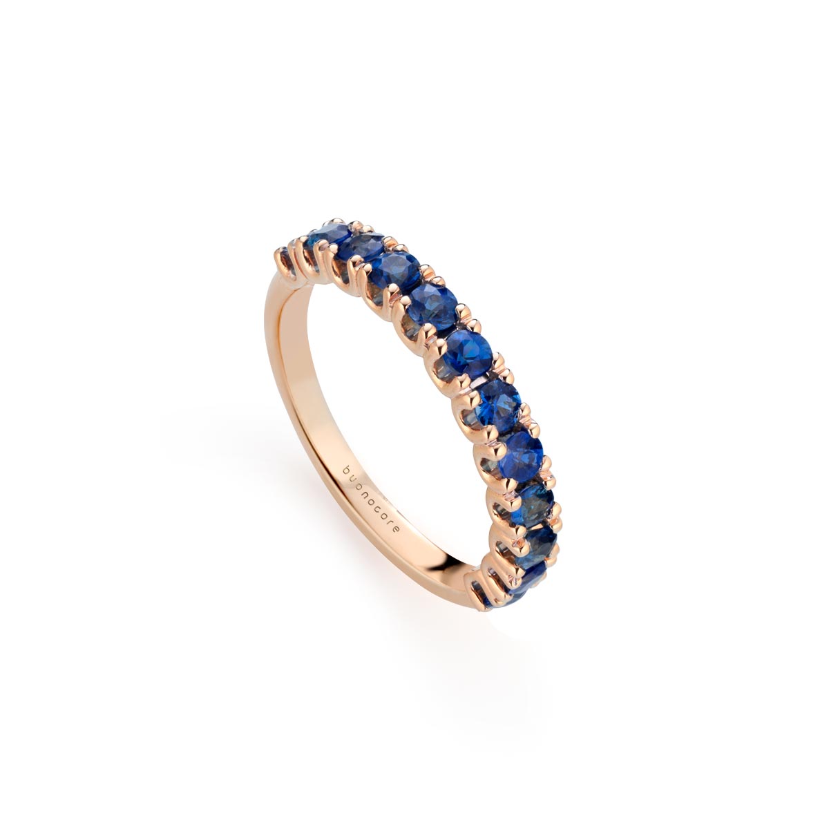 Anello veretta in oro rosa a mezza riviera di zaffiri blu realizzato da Buonocore Gioielli