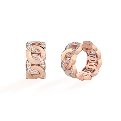 Orecchini Noon in oro rosa 18 kt con raffinata maglia alternata, arricchiti da diamanti bianchi realizzati da Buonocore Gioielli