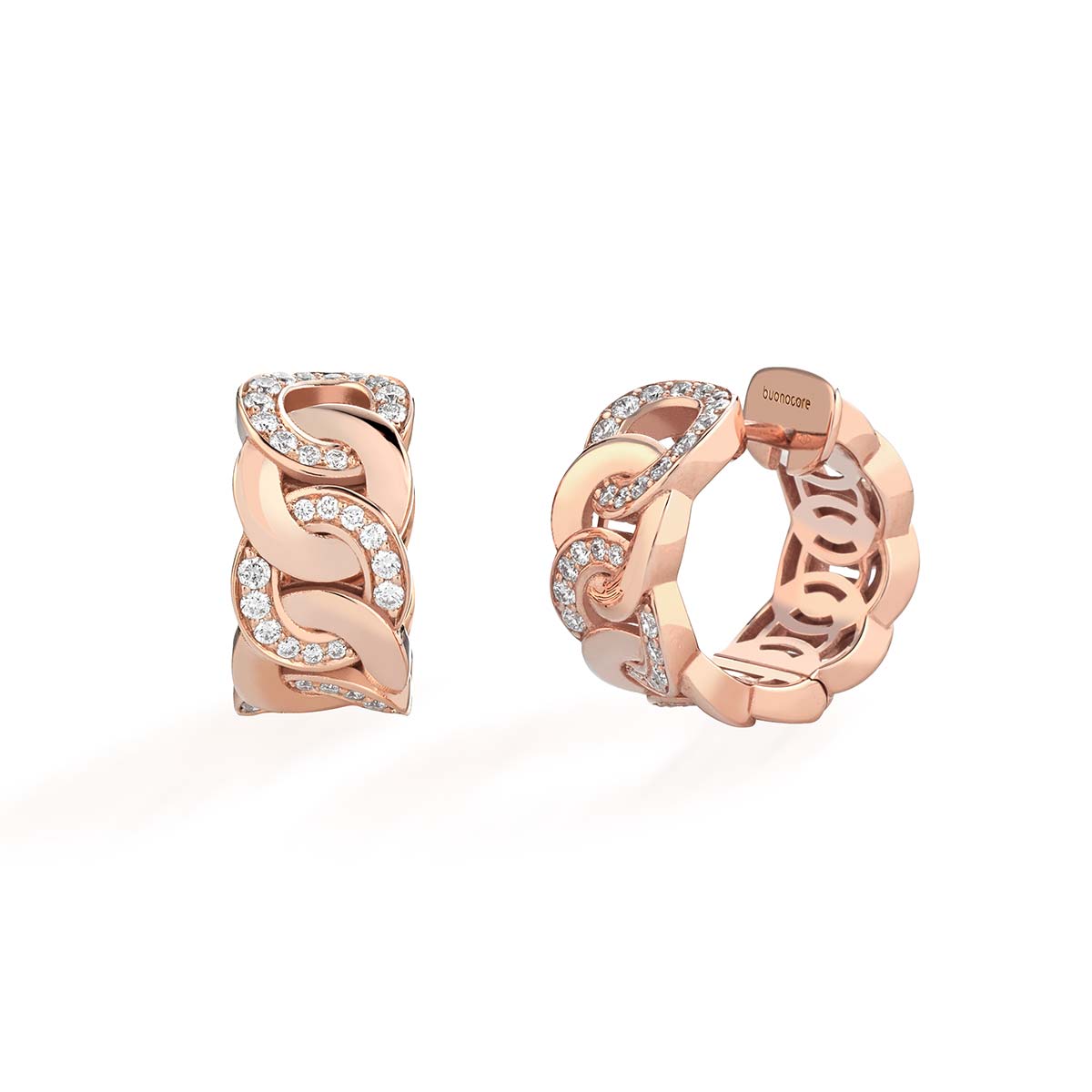 Orecchini Noon in oro rosa 18 kt con raffinata maglia alternata, arricchiti da diamanti bianchi realizzati da Buonocore Gioielli